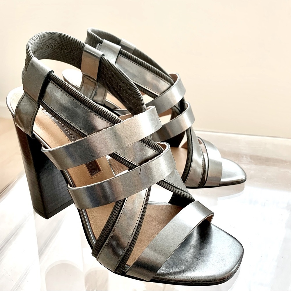 🩶 Gunmetal Strappy Block Heeled Sandals High Heels 7 - Picture 2 of 10